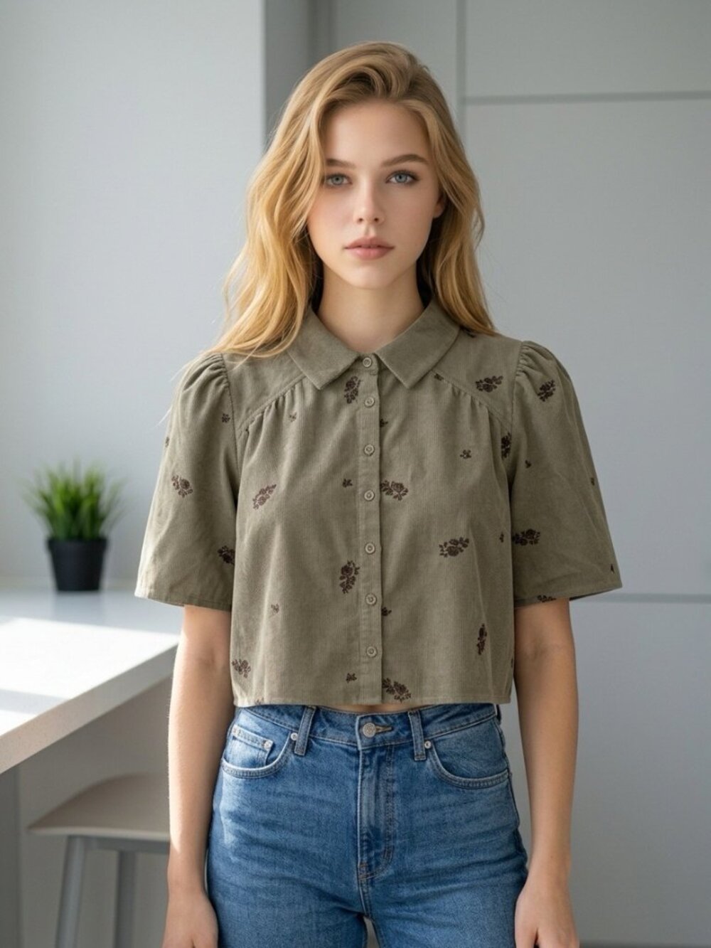 NWT Caroline Constas Olive Green Corduroy Embroidered Button Front Top M